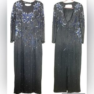 Vintage Razzle Dazzle 100% Silk Long Beaded Black Cocktail Dress Sz 14